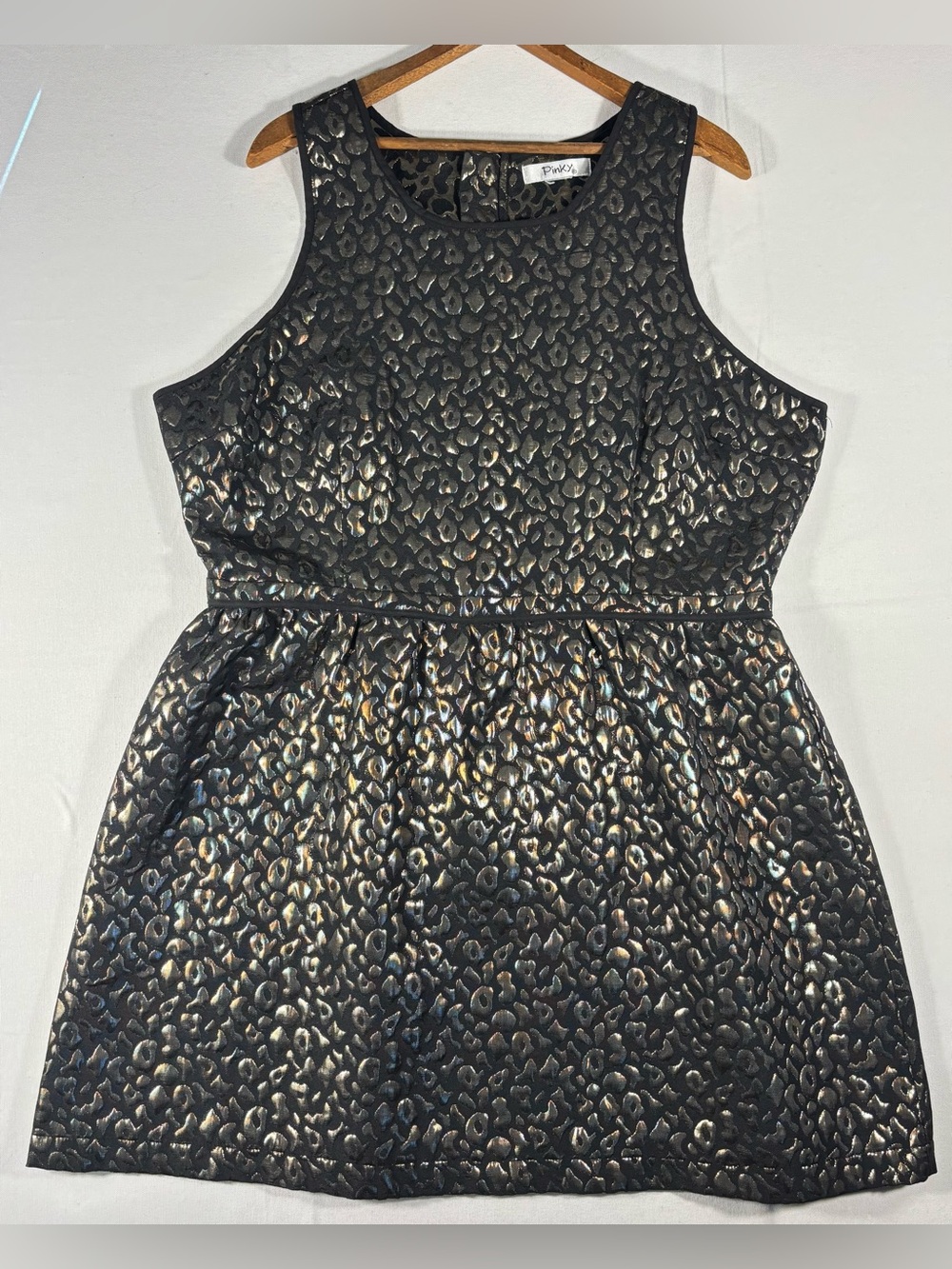 Pinky Women’s XL Black with Gold Metallic Leopard Print Party Midi Dress
